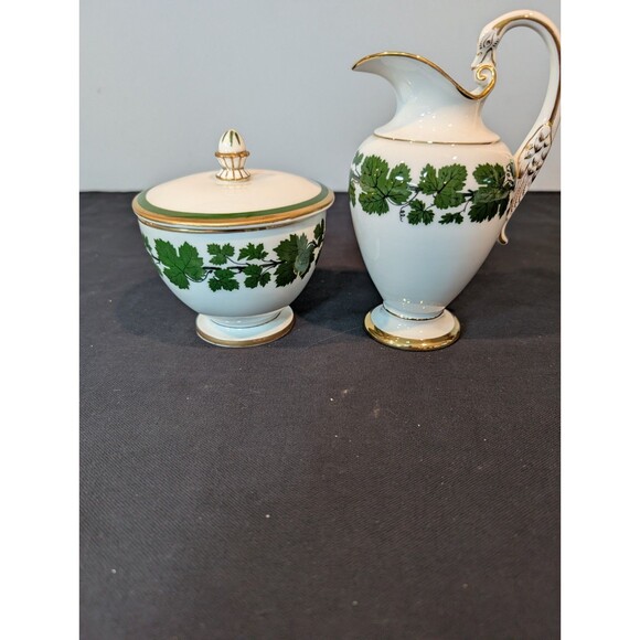Meissen Green Ivy Sugar Bowl & Swan Handle Creamer – 19th/20th C – First Quality - Picture 1 of 16